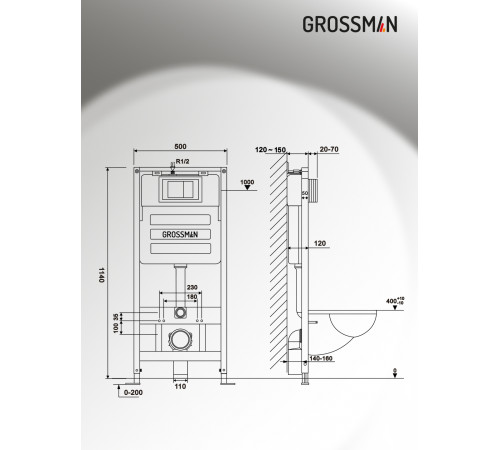 Комплект 3 в 1: Grossman инсталляция 900.K31.01.000+клавиша 700.K31.01.110.110 хром матовый+унитаз GR-4455BMS