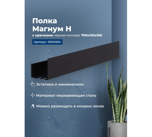 Полка Aquanet Магнум Н 70x12 черная матовая, с крючками