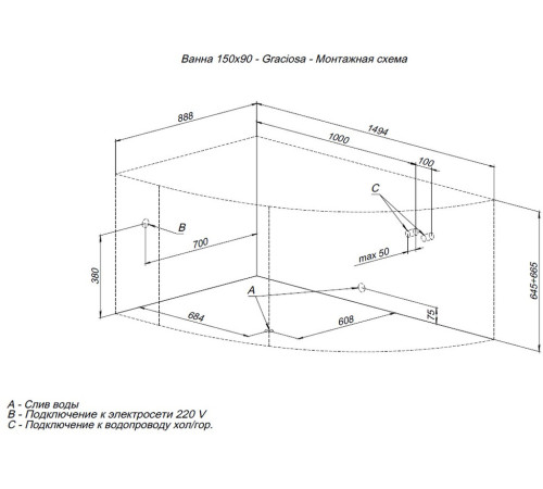 Акриловая ванна Aquanet Graciosa 150x90 L (с каркасом)